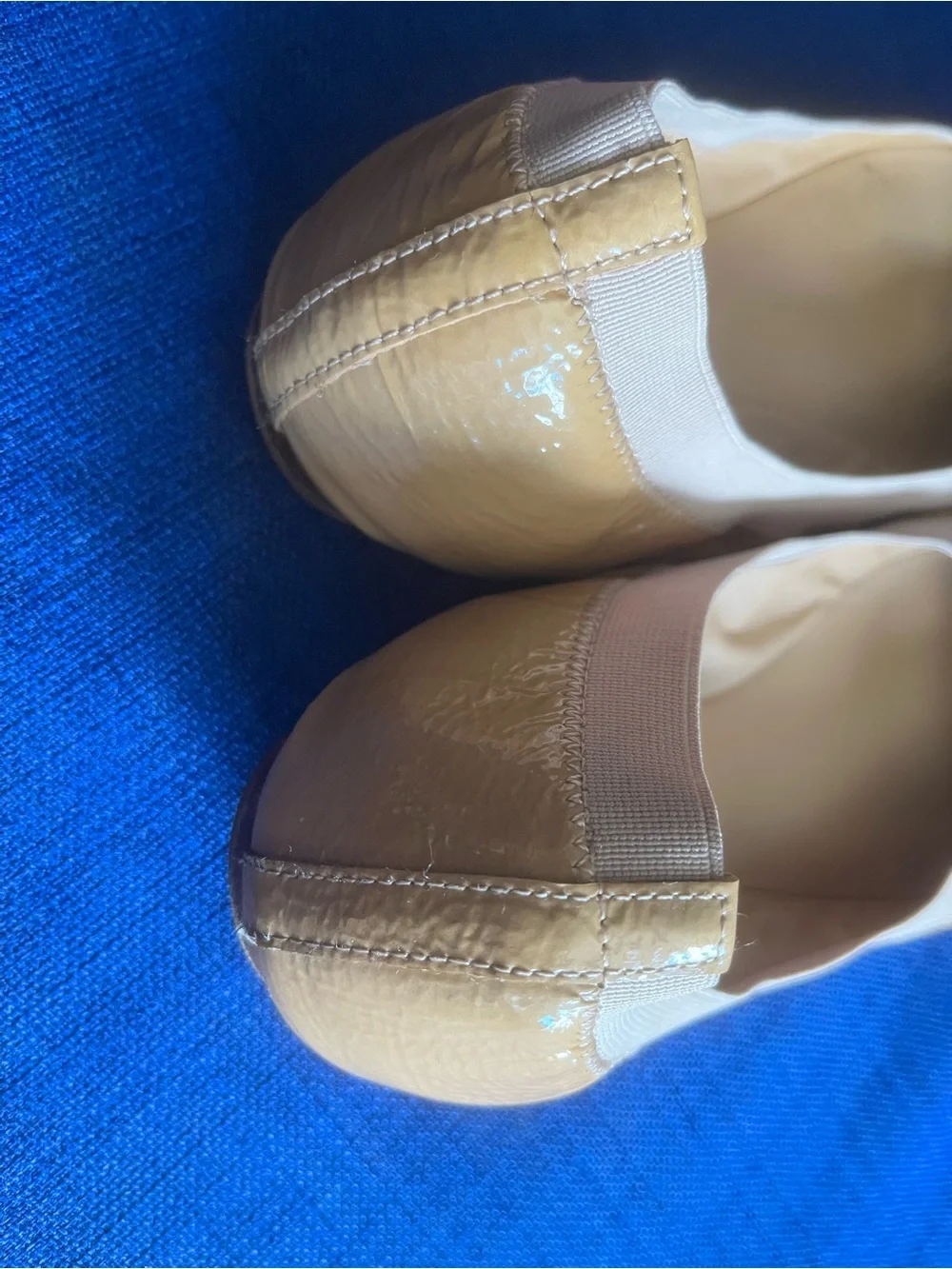 Tory Burch Two-Tone Beige Patent Leather Logo Ballet Flats